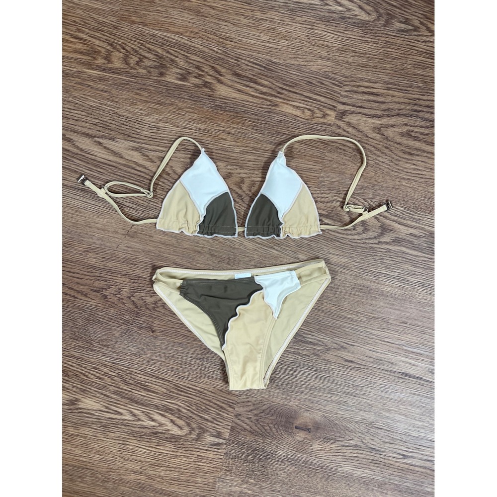 Bikini Set Girls Size 140 Tan Brown Olive White Color block Triangle SHEIN